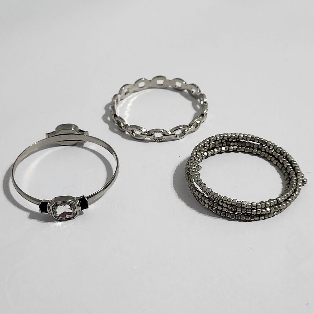 Lot of 3 Bracelets Bangles Black Clear Rhinestone Silver Tone Beaded Coil Spiral